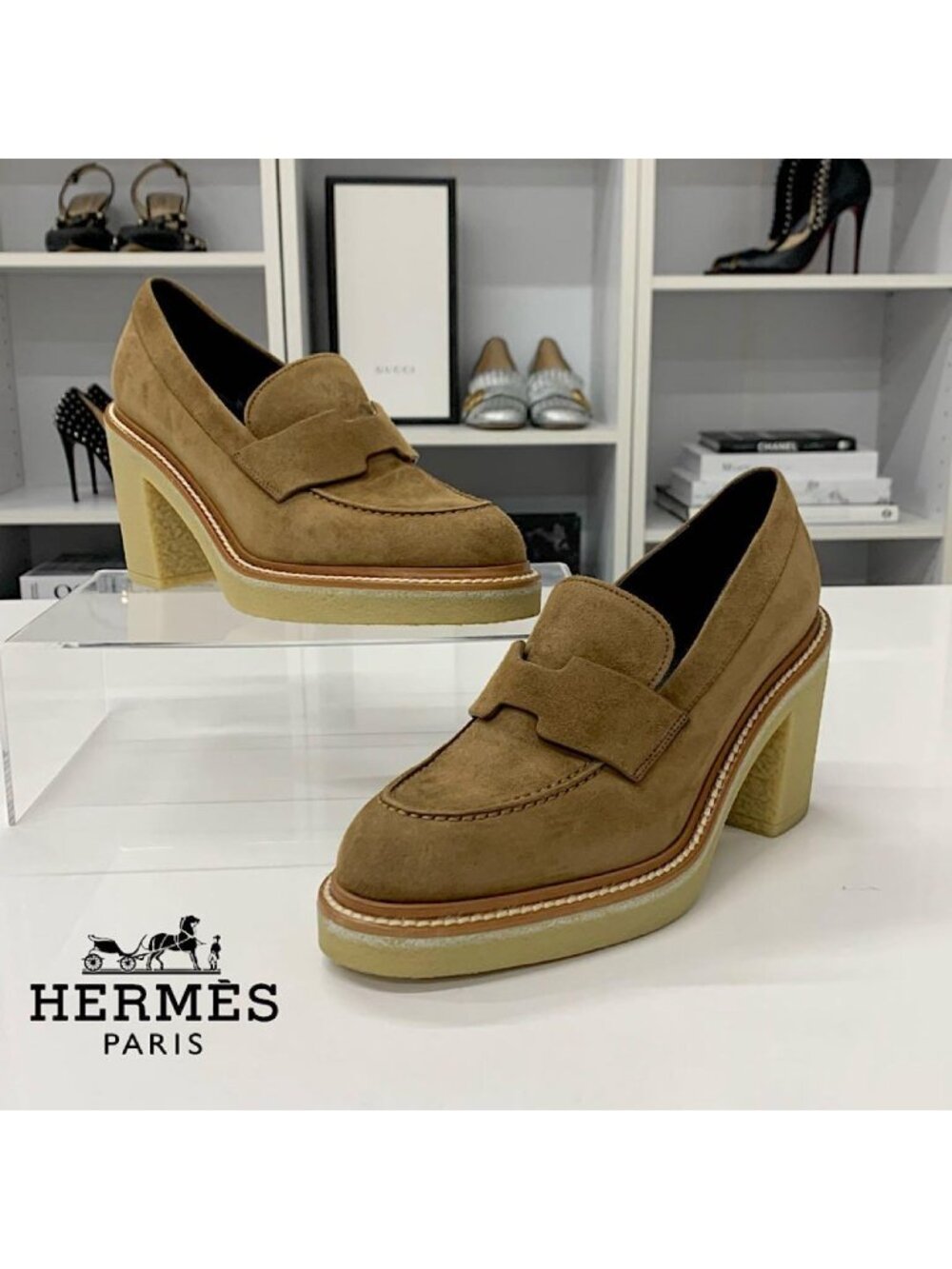 Hermes Didi Suede Heels Loafers Brown